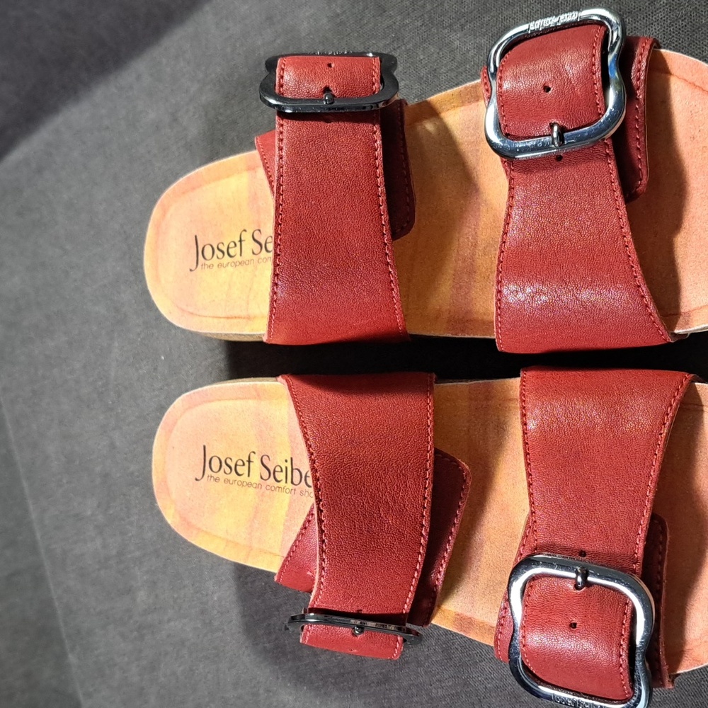 Josef Seibel Natalya 15 Red Dbl Leather Buckle Strap Sandals VG EU 37 US 6-6.5 - Picture 6 of 16